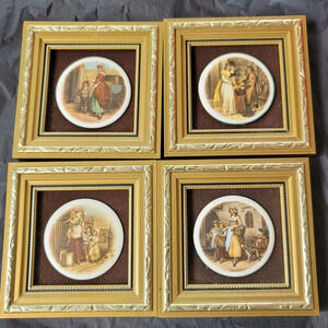 Vtg Framed Gold Color Set Of 4 Mini Prints On Ceramic Tiles With Velvet Framed